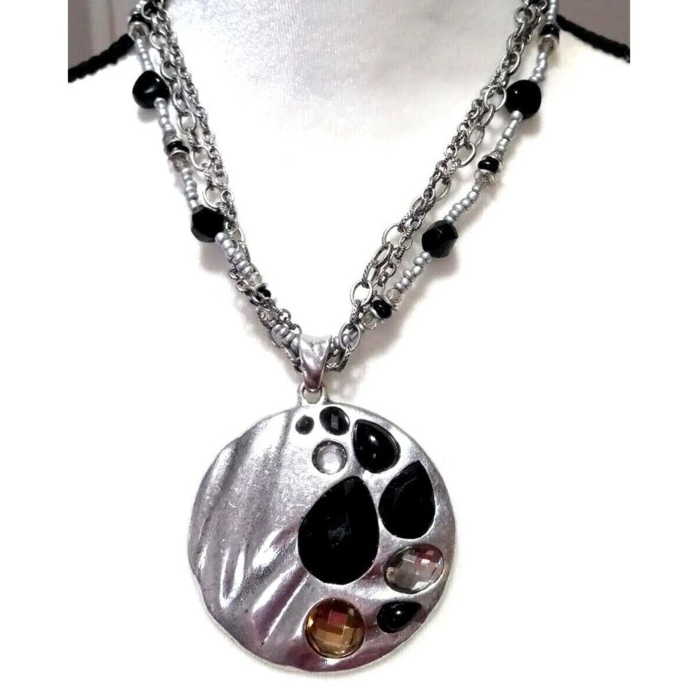 Boho Chic Necklace Hammered Metal Black Beads Silver Tone Round Pendant Edgy